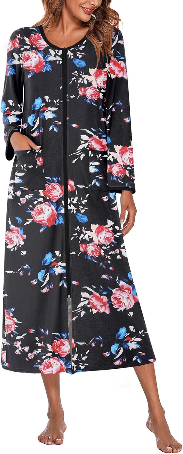 Ekouaer Women Long House Coat Zipper Front Robes for Comfort