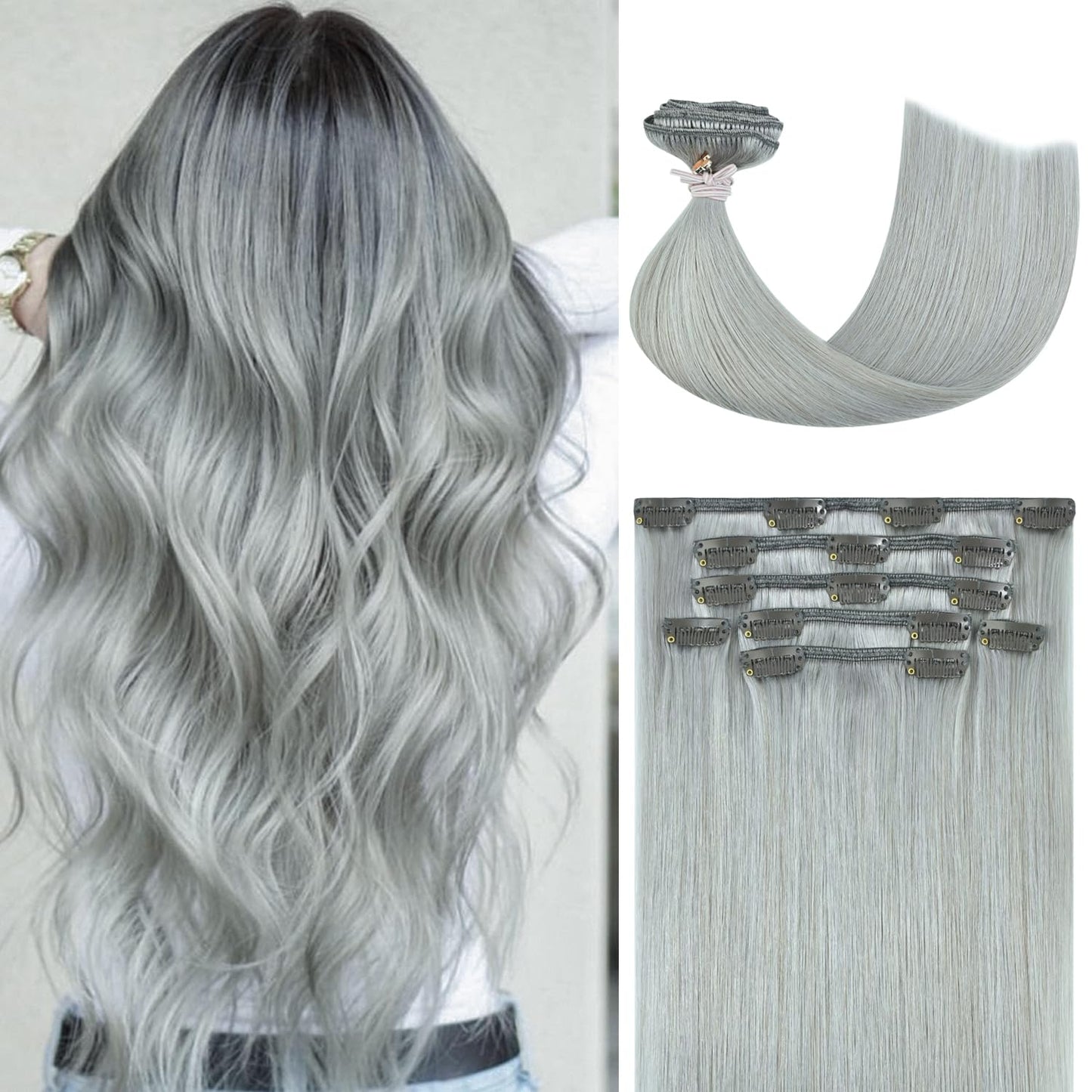 Honsoo Gray Hair Extensions Real Human Hair Clip Ins for Style
