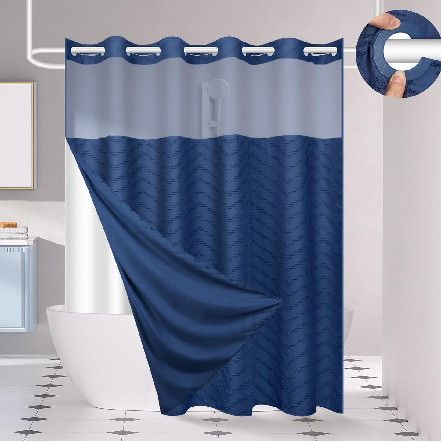 No Hook Shower Curtain Set with Snap in Liner for Easy Use