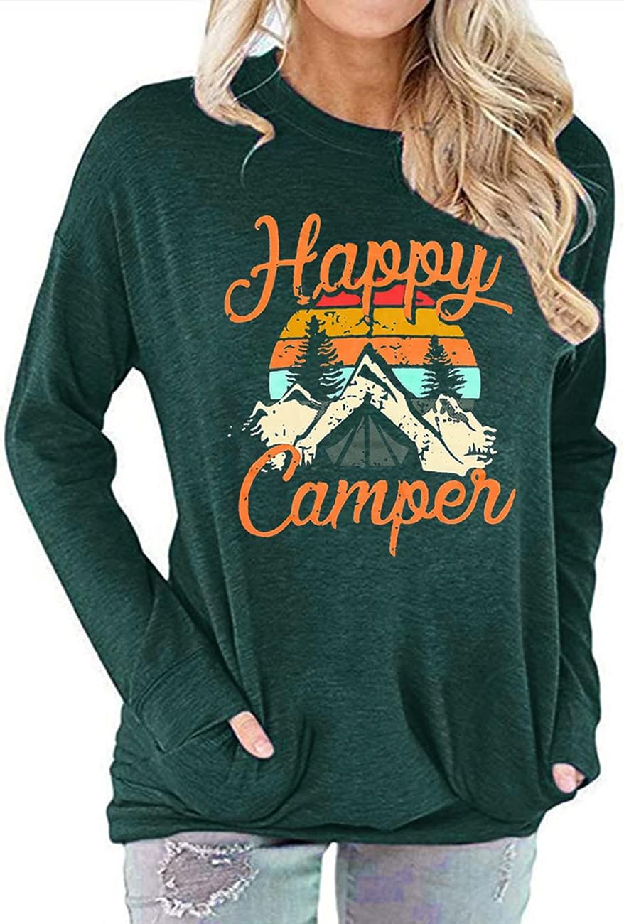 Womens Happy Camper Hoodie, Landscape Print, Cozy & Stylish