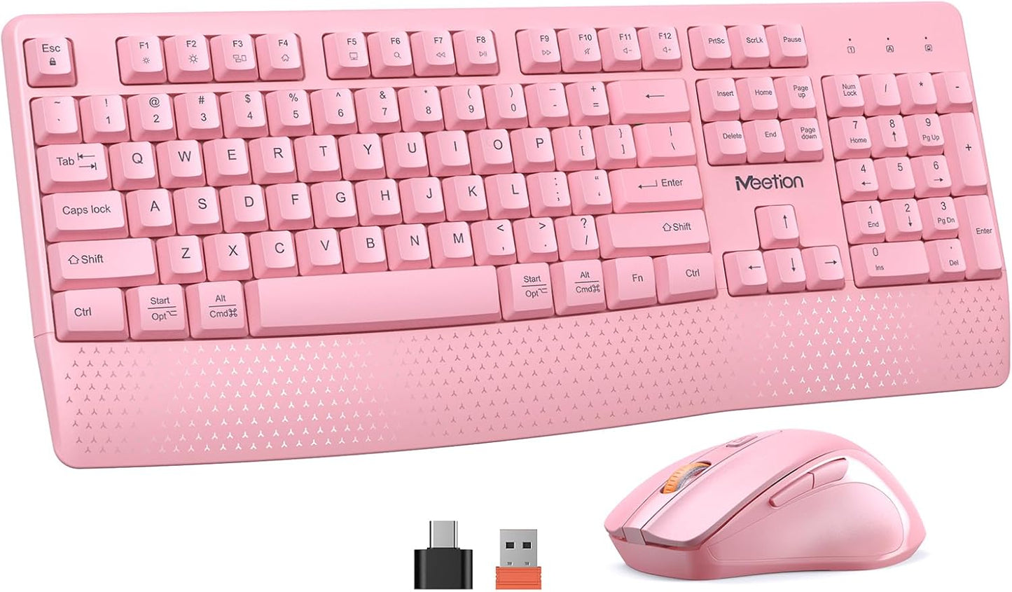 MEETION Wireless Keyboard & Mouse Set - Ergonomic Design, Cordless, 3 DPI, Pink