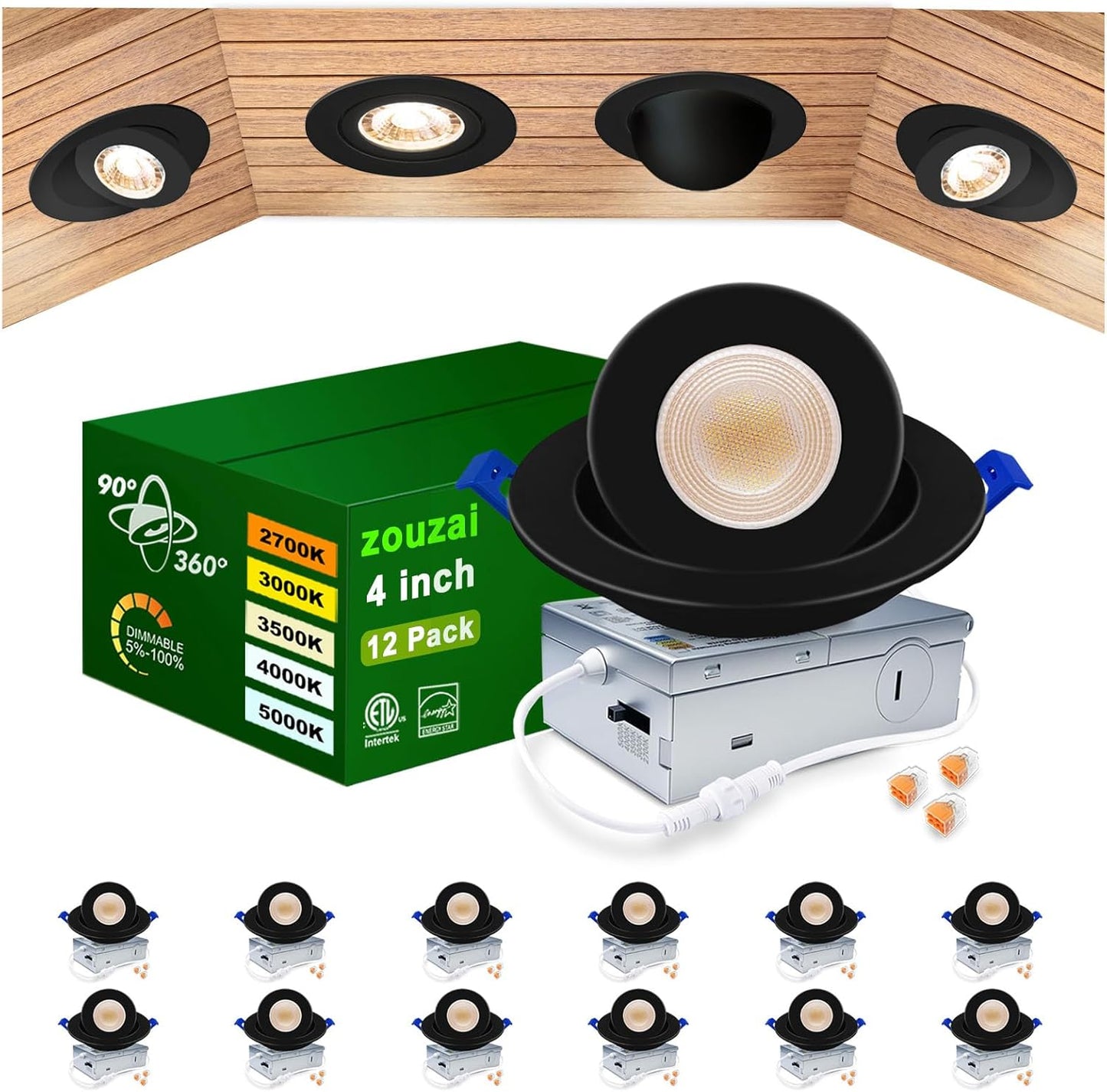 5CCT LED Gimbal Recessed Light with Junction Box - 12 Pack