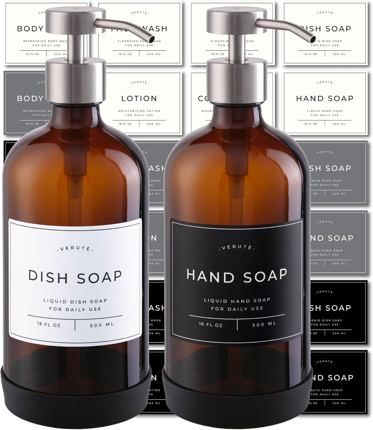 16oz Glass Soap Dispenser Set with Stainless Steel Pump and Labels