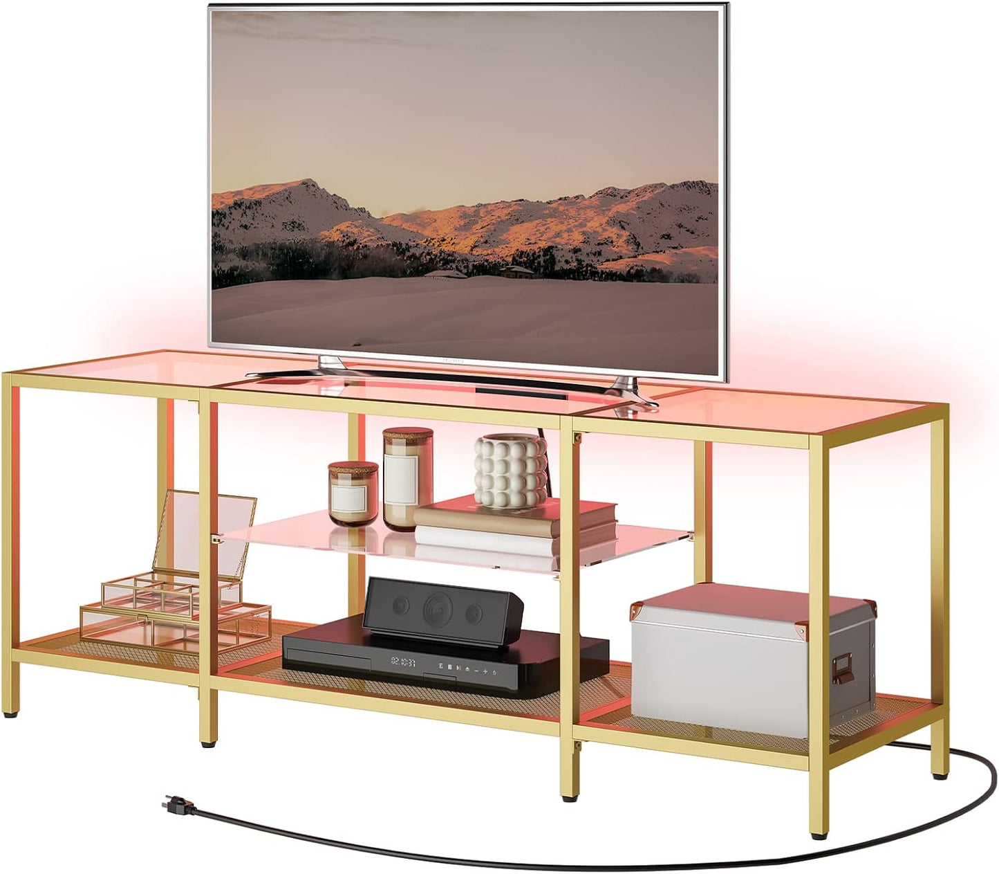 55 Modern Gold TV Stand with LED Lights & Power Outlets