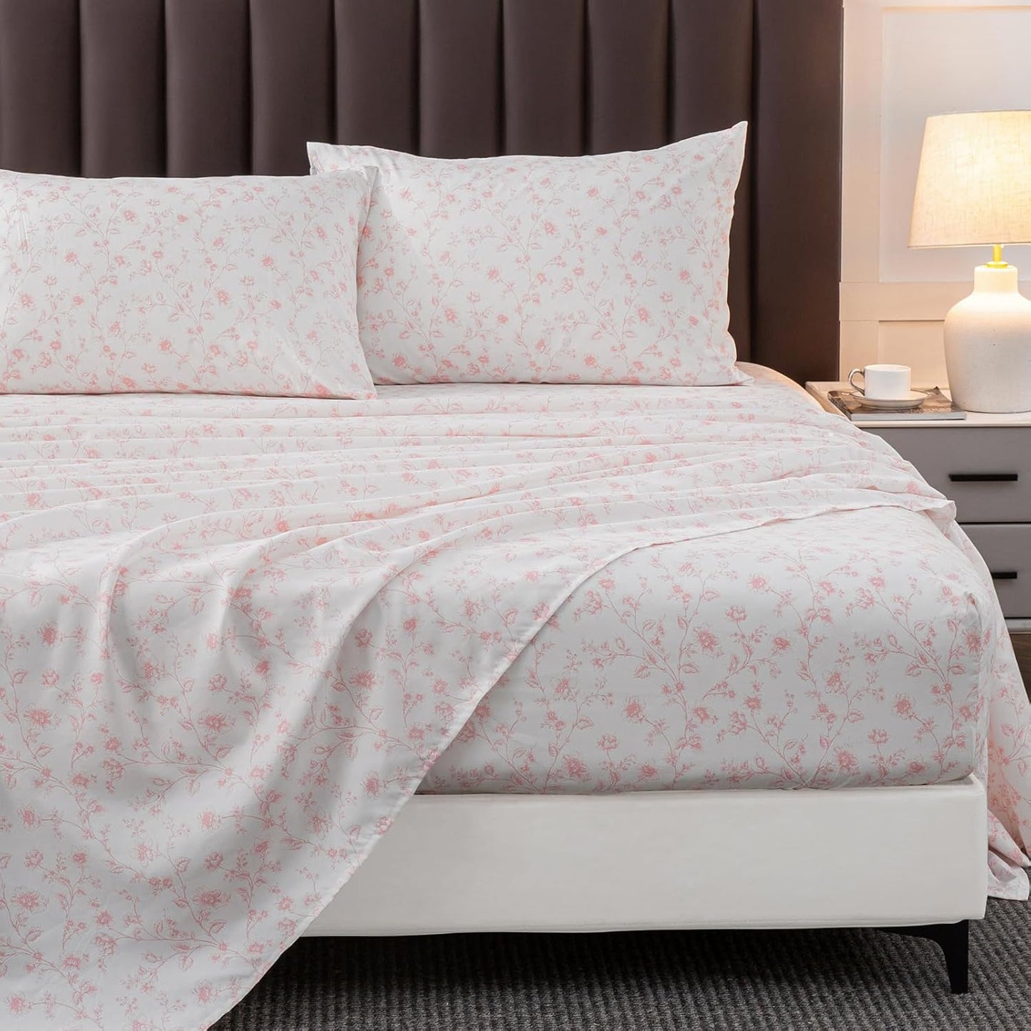 HYPREST Pink Floral Sheets Queen Set for Cozy Aesthetic Bedding