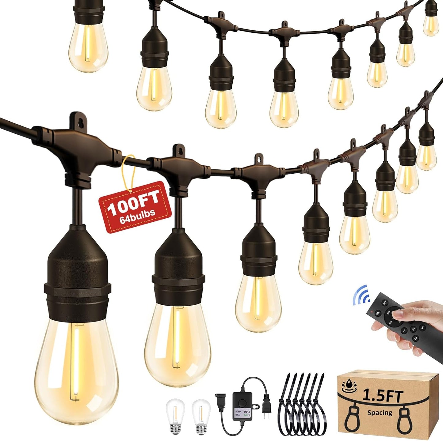 100FT Outdoor String Lights with Remote & Dimmer for Ambiance