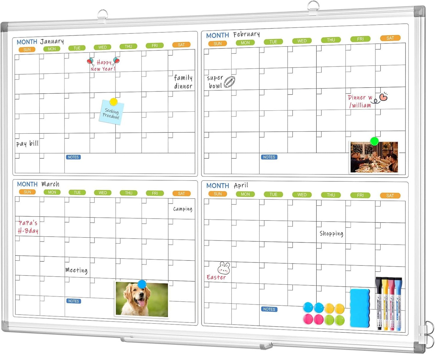 Dry Erase Calendar for Wall 4 Month Large Double-Sided Board
