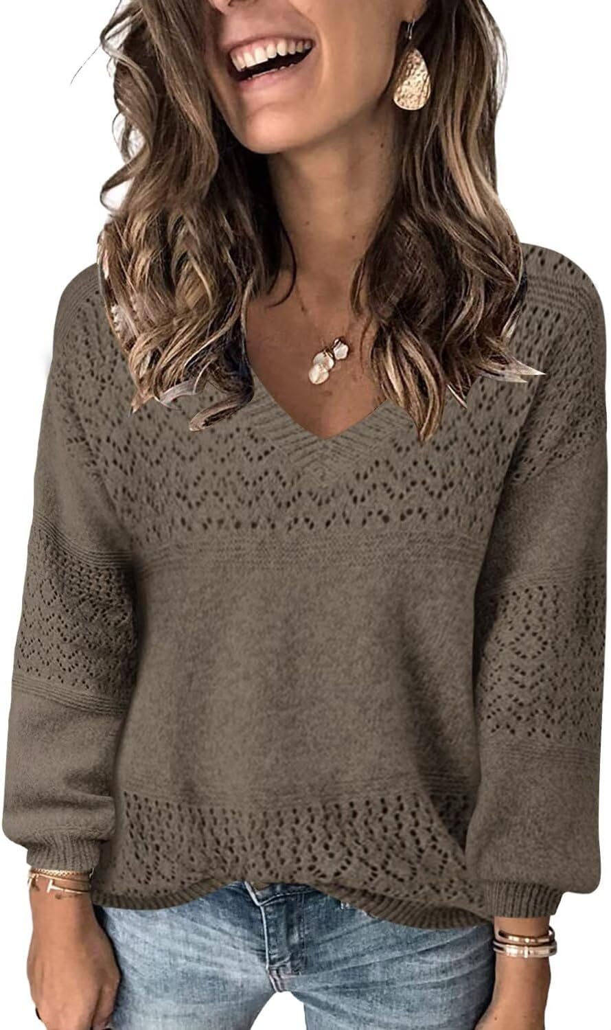 FEKOAFE Womens V Neck Long Sleeve Hollow Knit Pullover Sweater