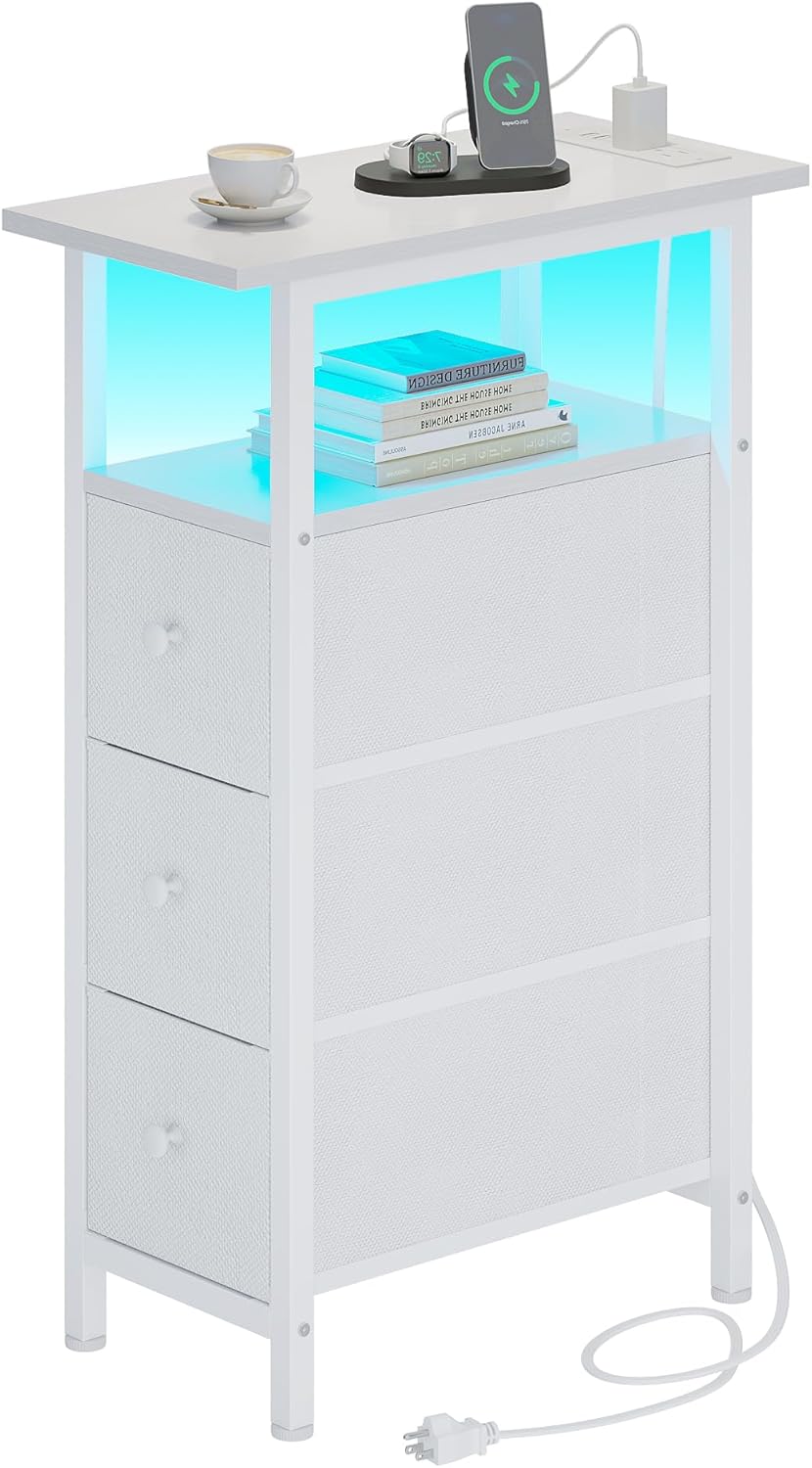 End Table with Charging Station and LED Light for Small Spaces