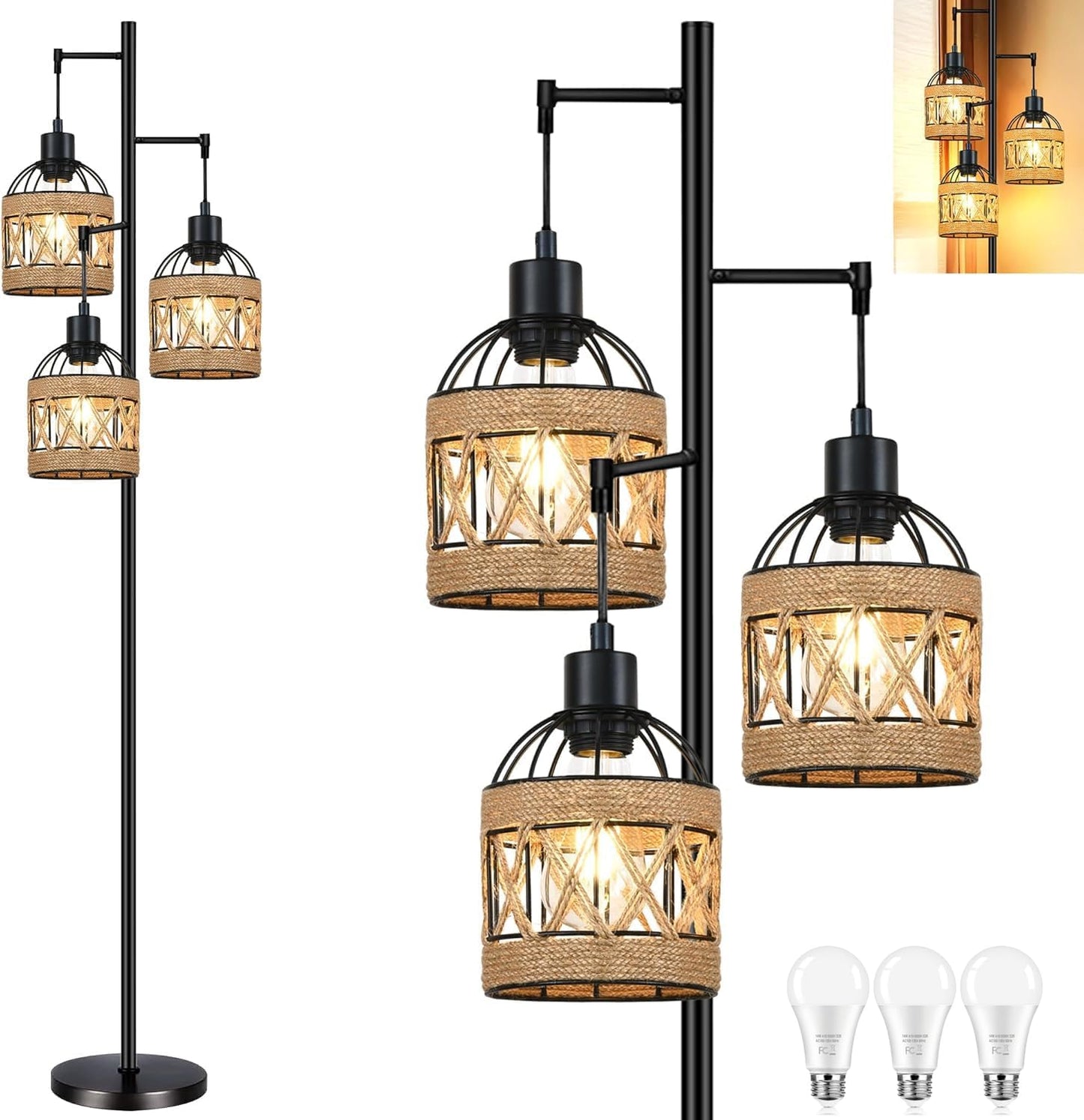 Boho Rattan Tree Floor Lamp for Living Room and Bedroom