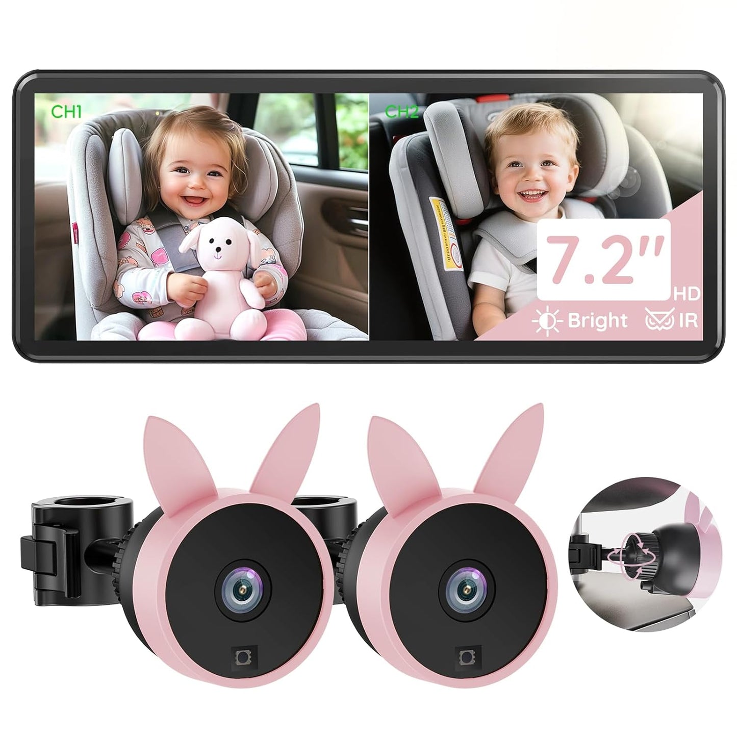 Dual Camera Baby Car Monitor with 7.2in HD Display for Safety