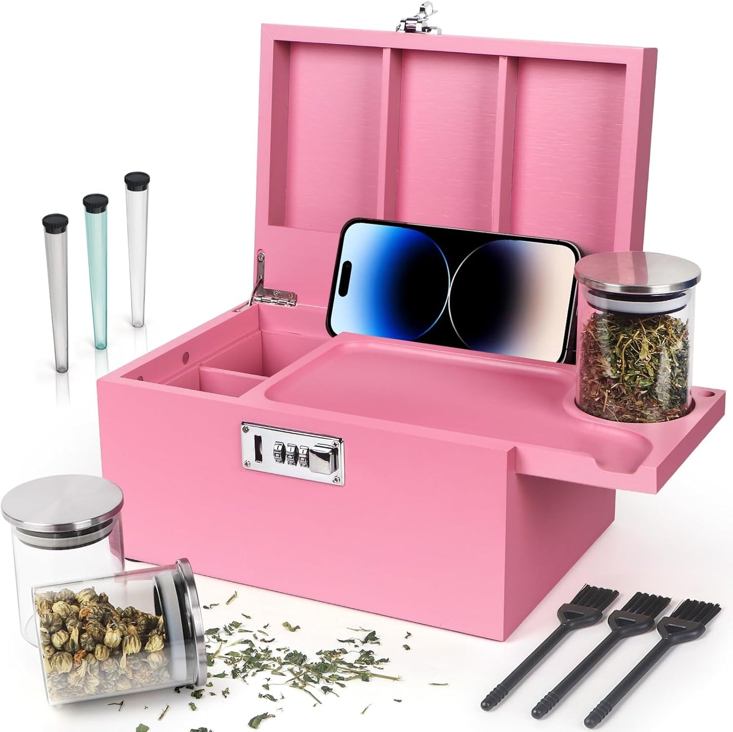 Large Pink Bamboo Box with Combination Lock for Storage Needs