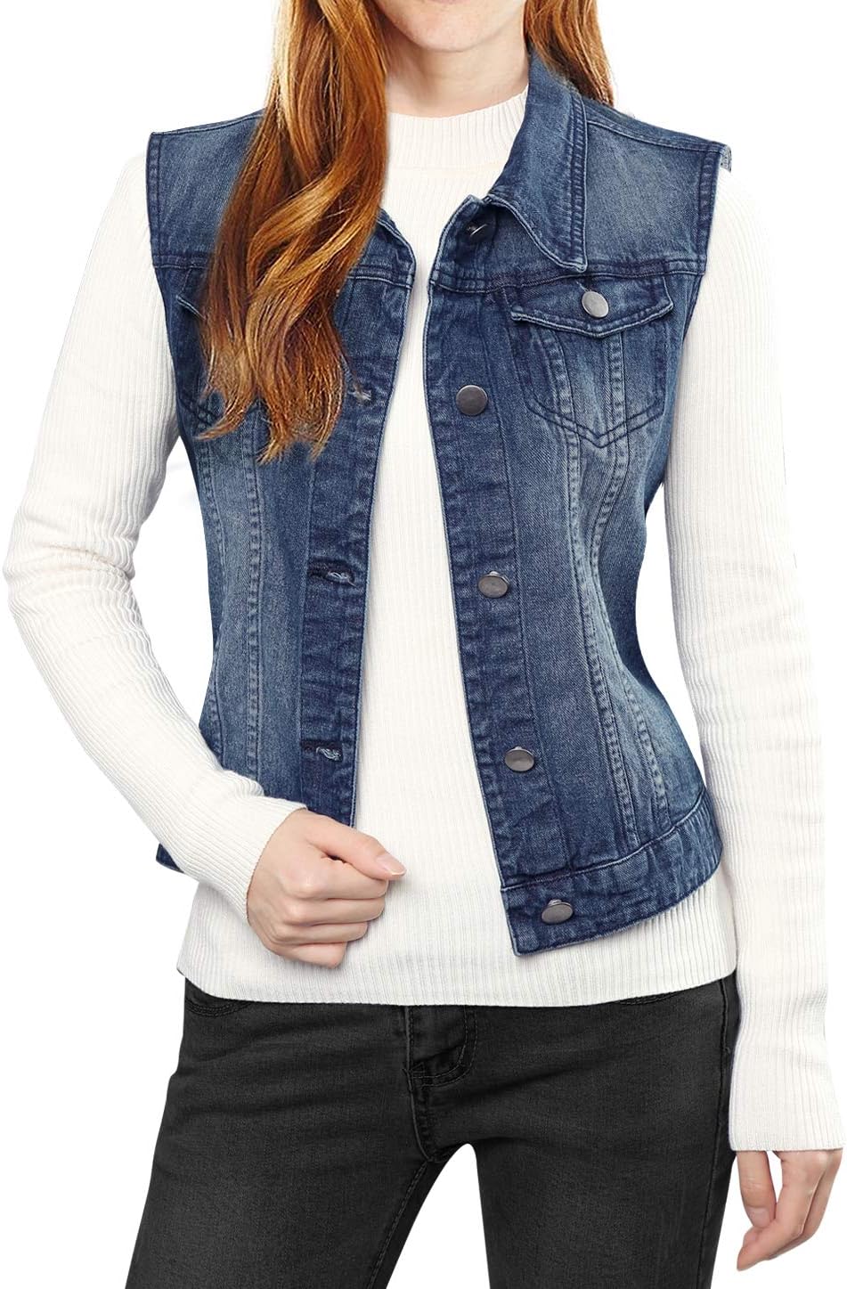 Allegra K Women's Buttoned Washed Denim Vest Jacket for Style