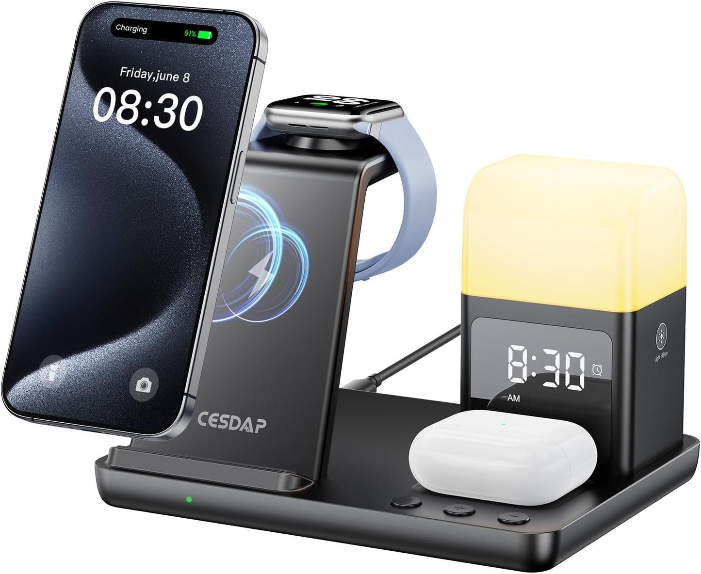 Wireless 6-in-1 Charging Station with Alarm & Night Light