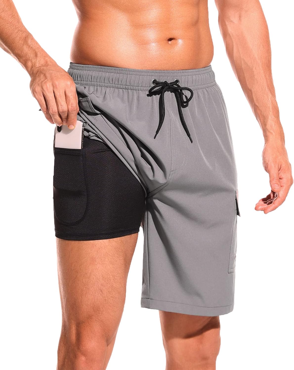 SILKWORLD Men's Swim Trunks with Compression Liner for Comfort