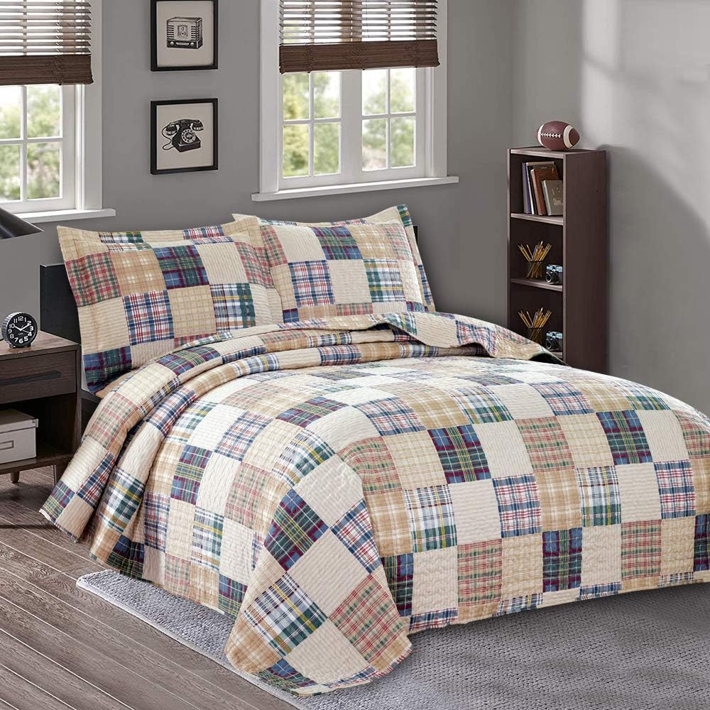 Plaid Bedspread Quilt Set Twin Size - Lightweight Reversible Coverlet