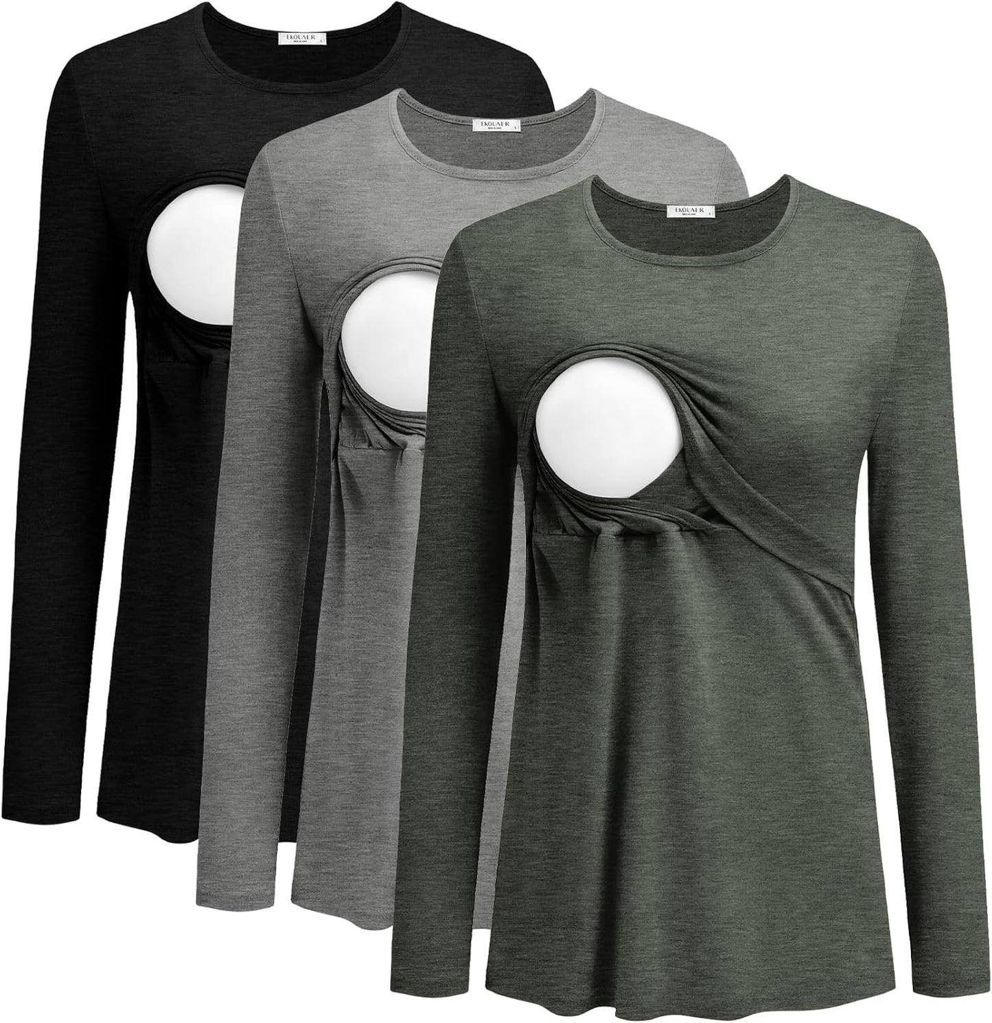 Ekouaer Long Sleeve Nursing Shirts 3 Pack for Breastfeeding