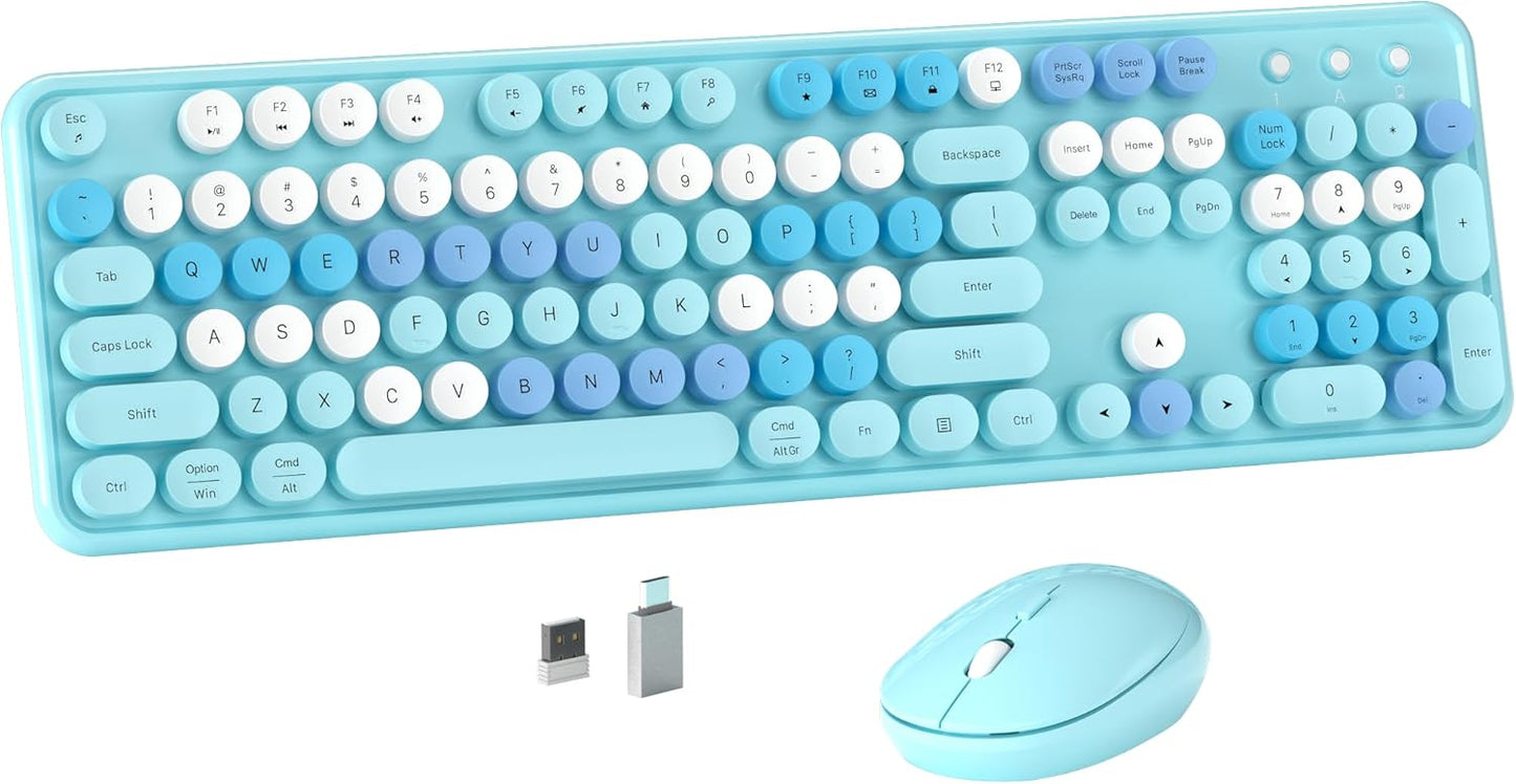 Retro Wireless Keyboard & Mouse Set, Round Keycaps, 2.4GHz, Ergonomic Design (Blue)