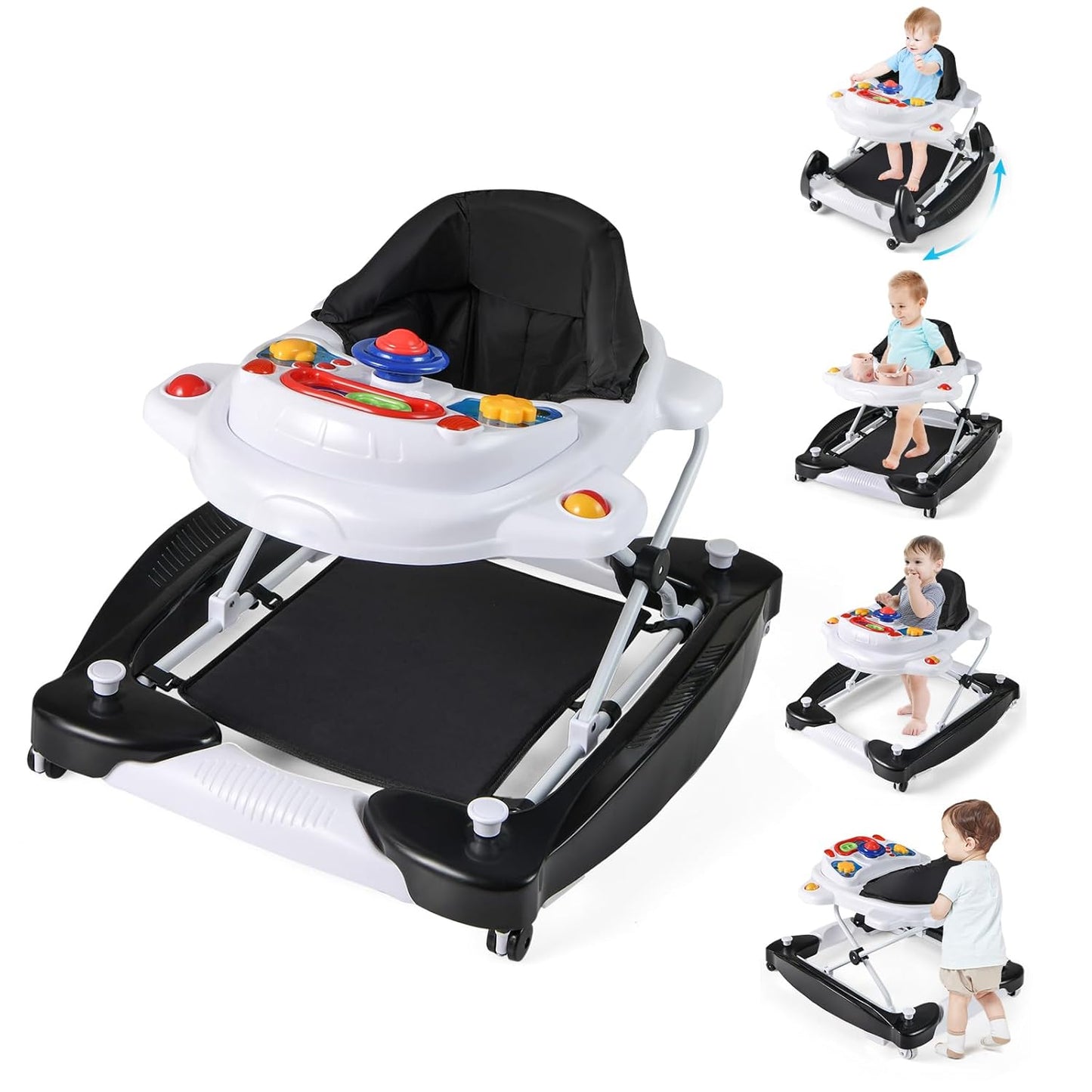 6-in-1 Baby Walker with Wheels, Adjustable Height & Music