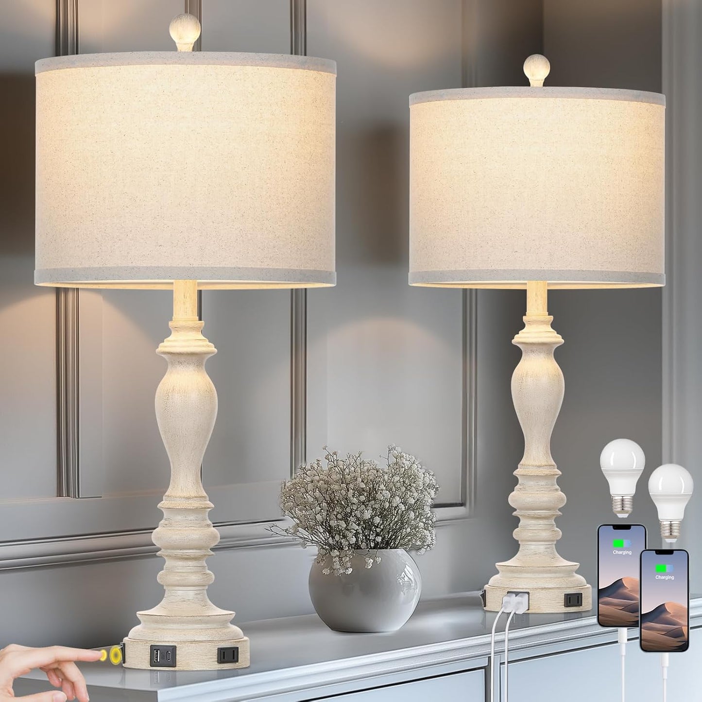 Lolikit 28in Table Lamps with USB Ports & AC Outlets Set
