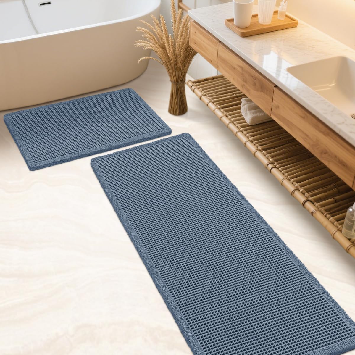 Waffle Bath Mat Set 2 Piece Blue, Soft Washable Boho Rugs