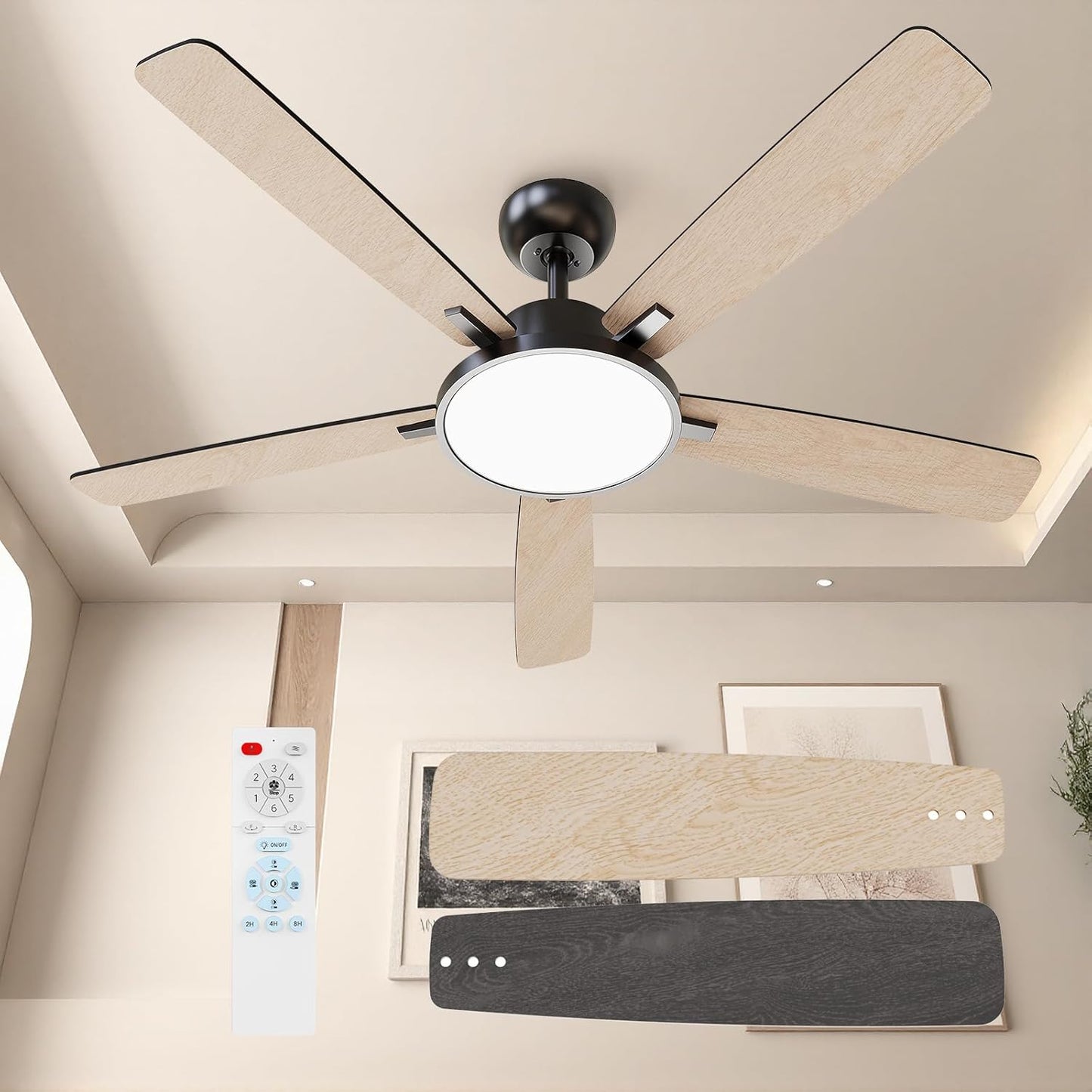 52 Inch Black Walnut Ceiling Fan with Lights and Remote Control
