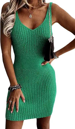 Summer Sexy Ribbed Bodycon Tank Dress for Women - V Neck Style