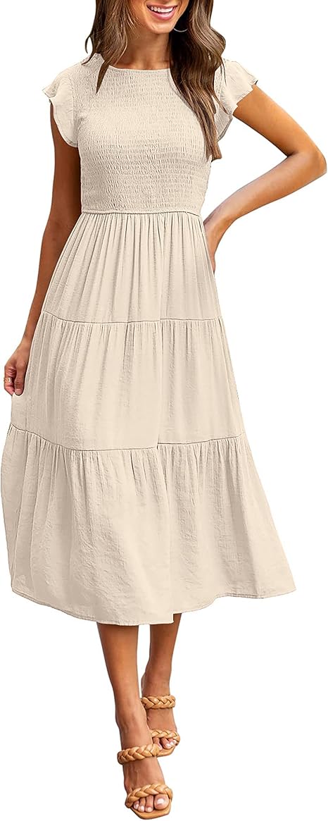 MEROKEETY Women's Flutter Short Sleeve Smocked Midi Dress Review