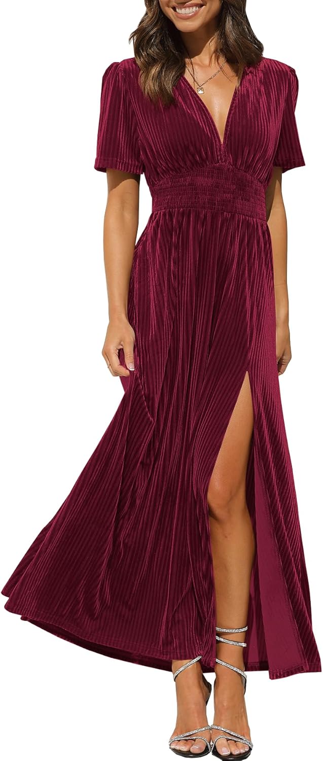 Sissyaki Women's Retro V-Neck Velvet Maxi Dress for Weddings
