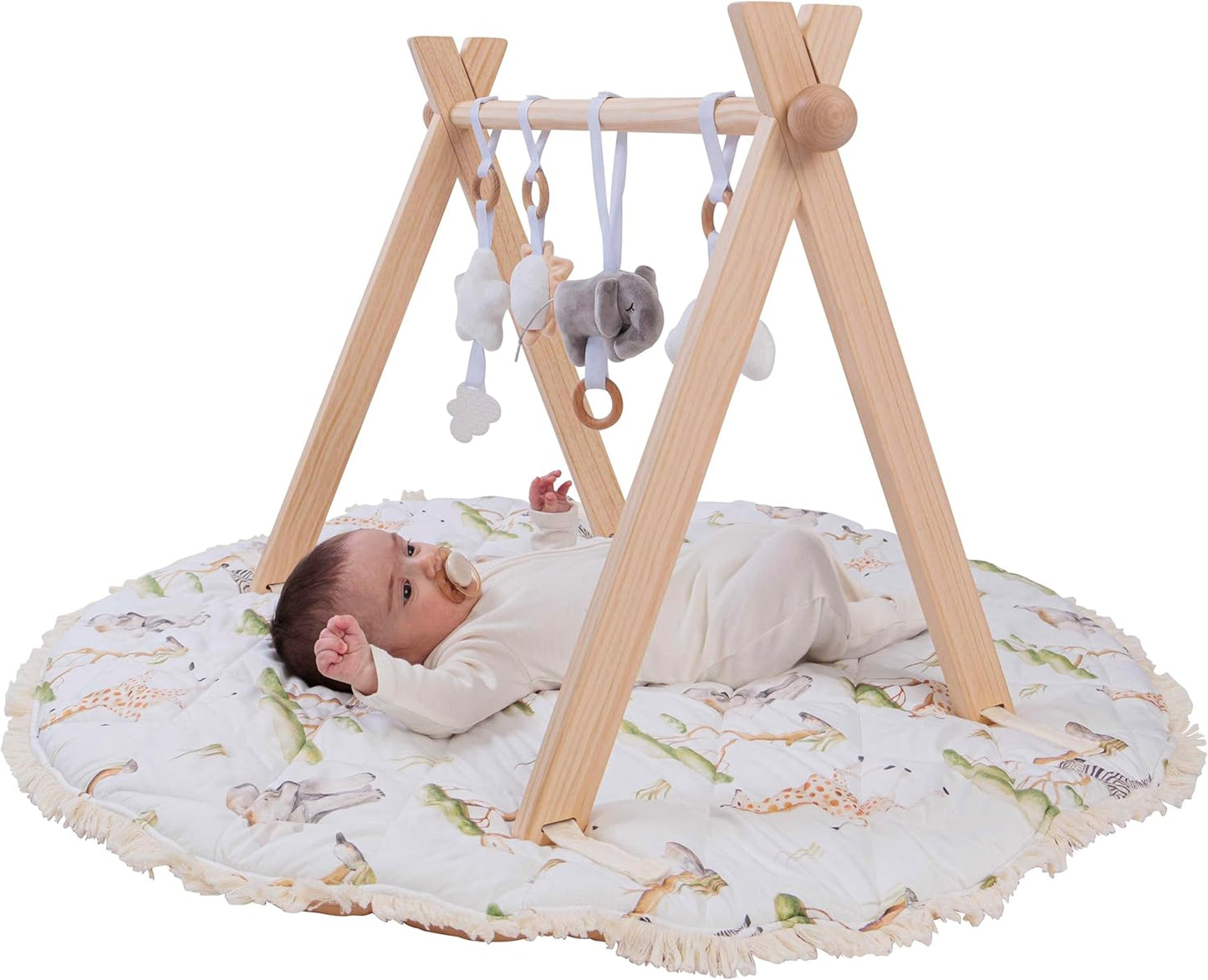 Montessori Wooden Baby Play Gym with Reversible Washable Mat