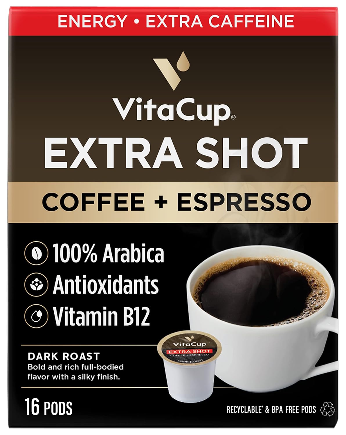 VitaCup Extra Shot Dark Roast Pods - High Energy Boost!