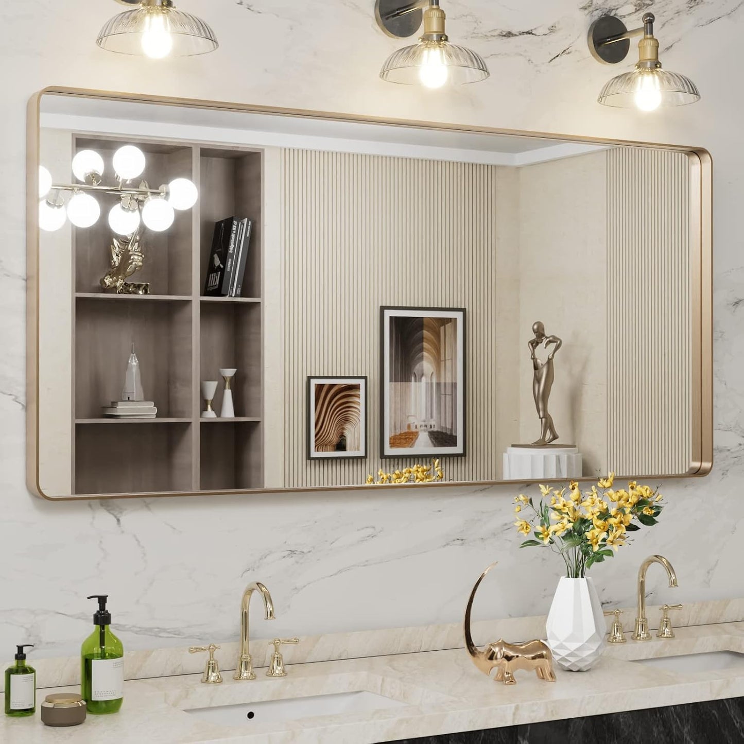 60X28 Gold Bathroom Mirror with Rounded Rectangle Frame Design
