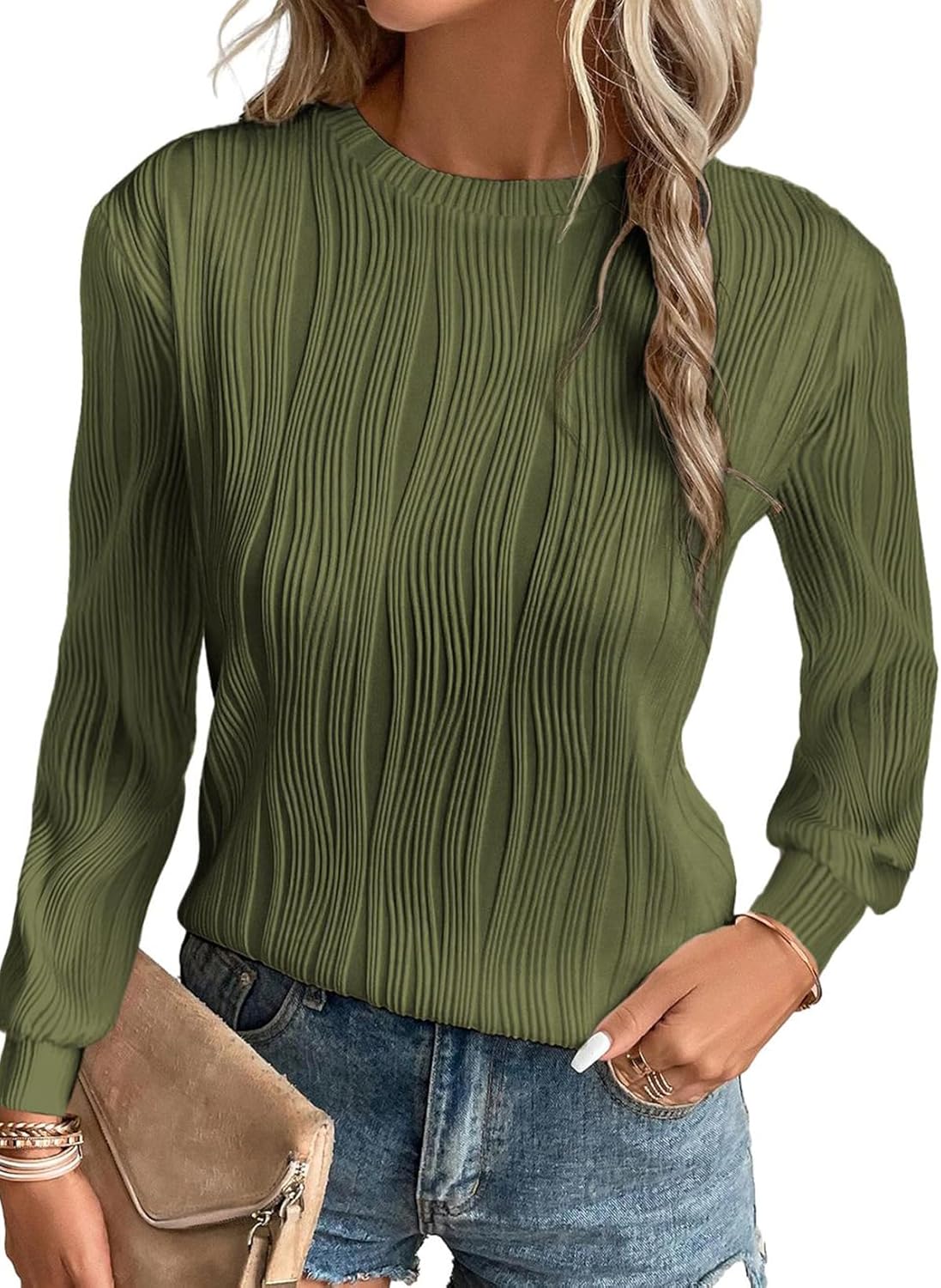 Trendy Dressy Casual Long Sleeve Crewneck Tops for Women