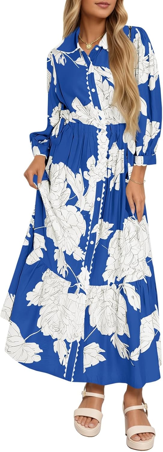 Wenrine Womens Maxi Shirt Dress Casual Floral Collared Style