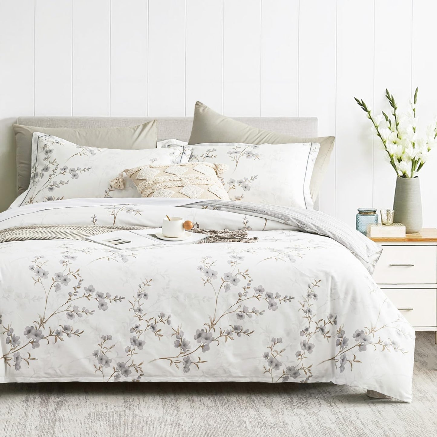 Vintage Botanical White Cotton Comforter Set with Gray Flowers