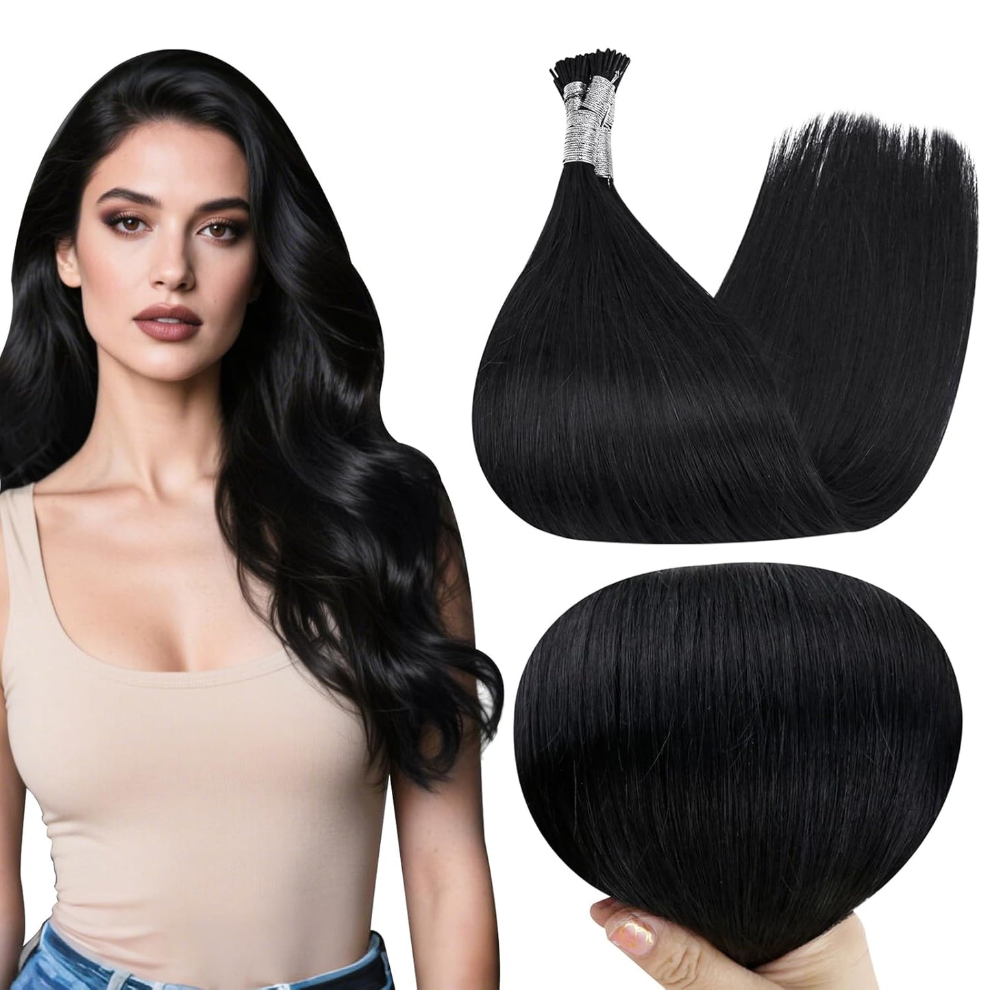 Full Shine I Tip Hair Extensions 22 Inch Jet Black for Women