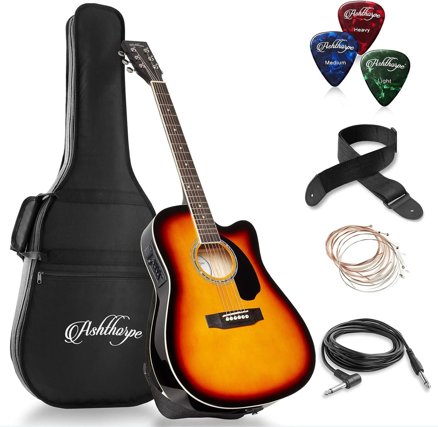 Ashthorpe Full-Size Cutaway Thinline Acoustic-Electric Guitar