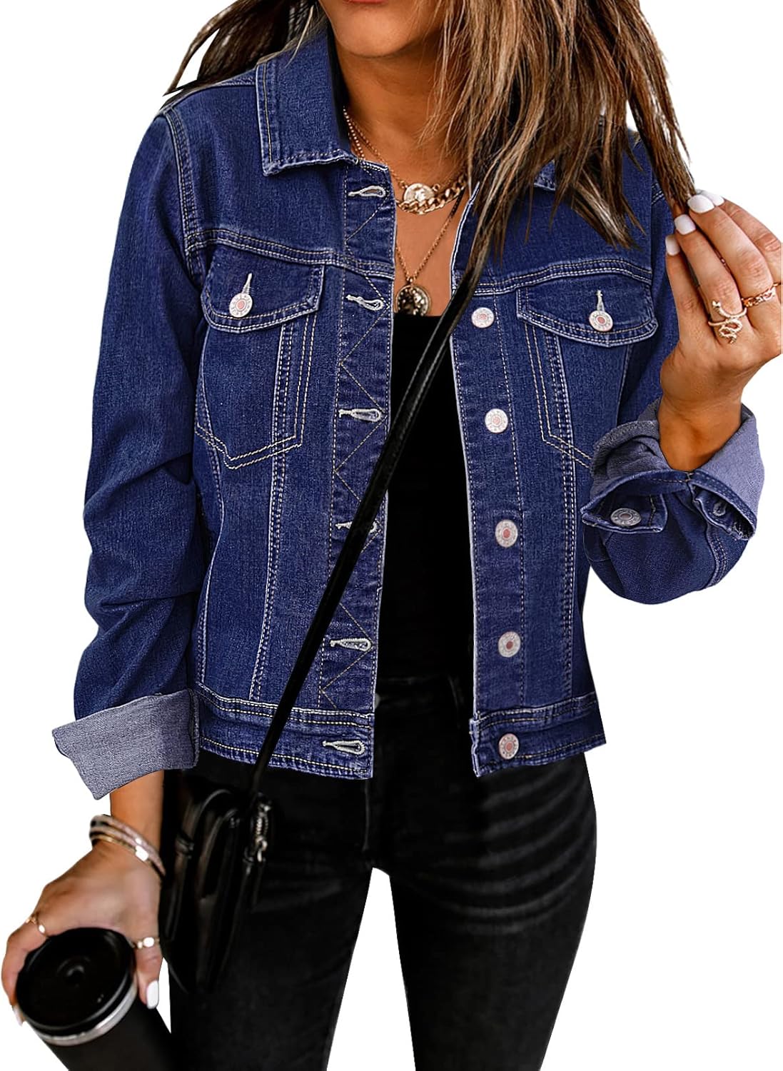 GRAPENT Women's Basic Button Down Long Sleeve Denim Jacket