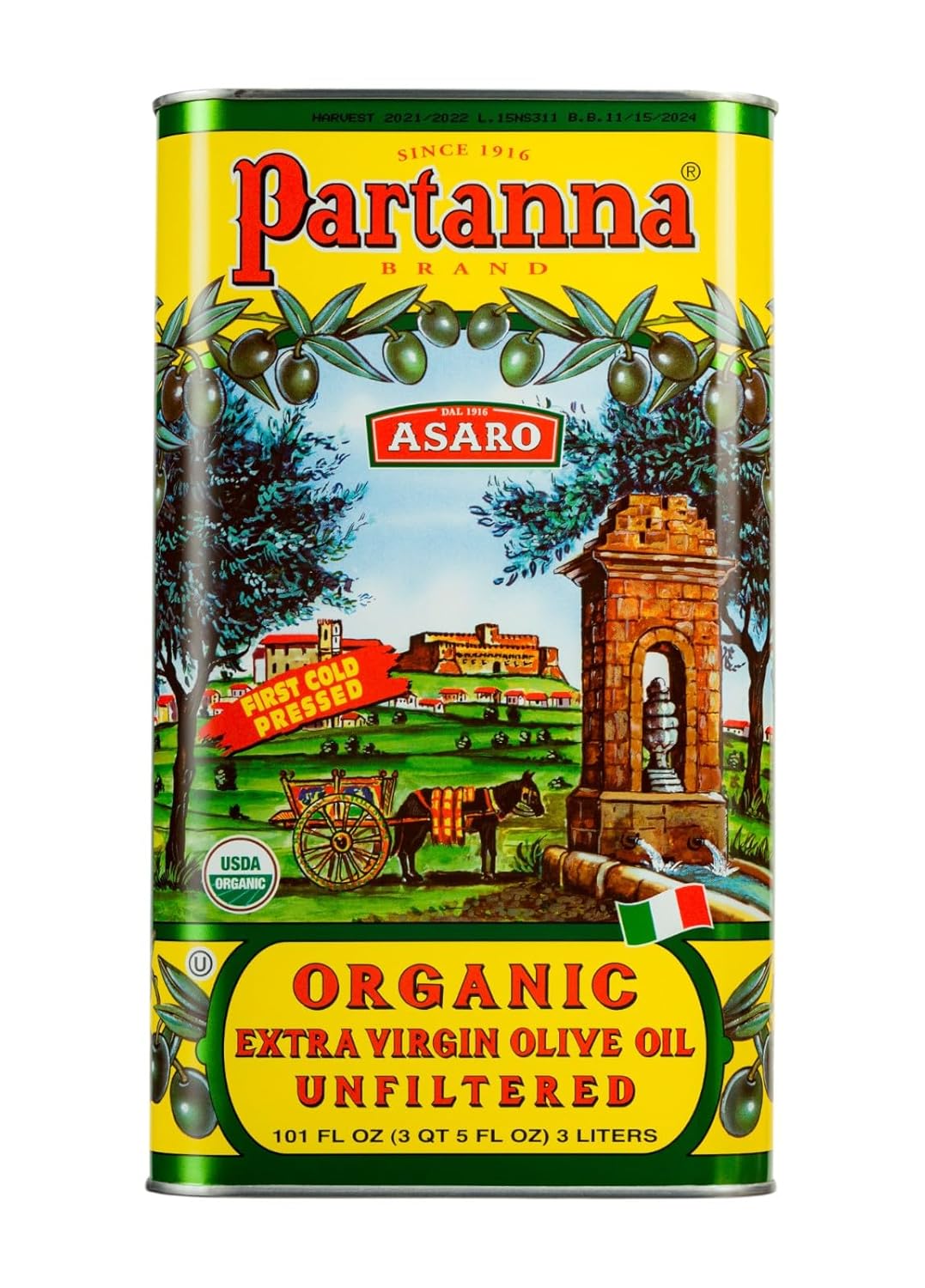 Partanna Organic Unfiltered Extra Virgin Olive Oil - Rich Flavor