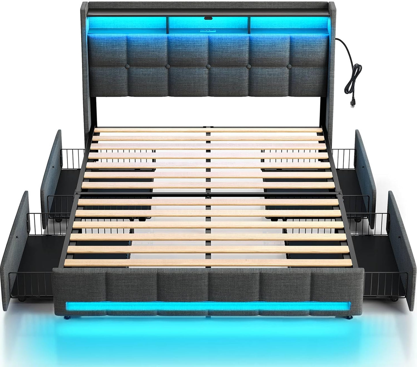 Rolanstar Queen Size Bed Frame with LED Lights & Storage Drawers