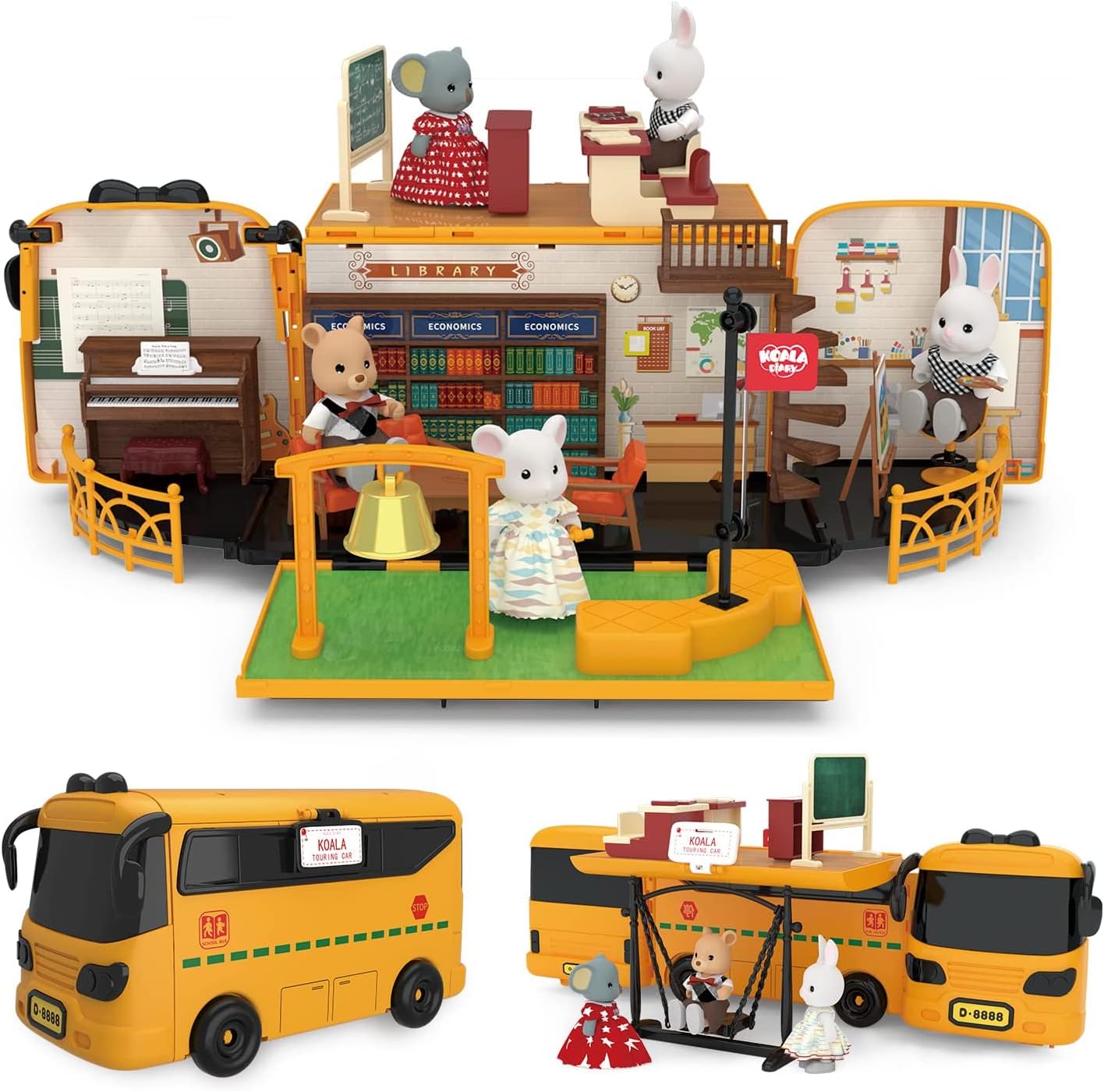 Portable School Bus Dollhouse - 46 Furniture & Critter Doll Included