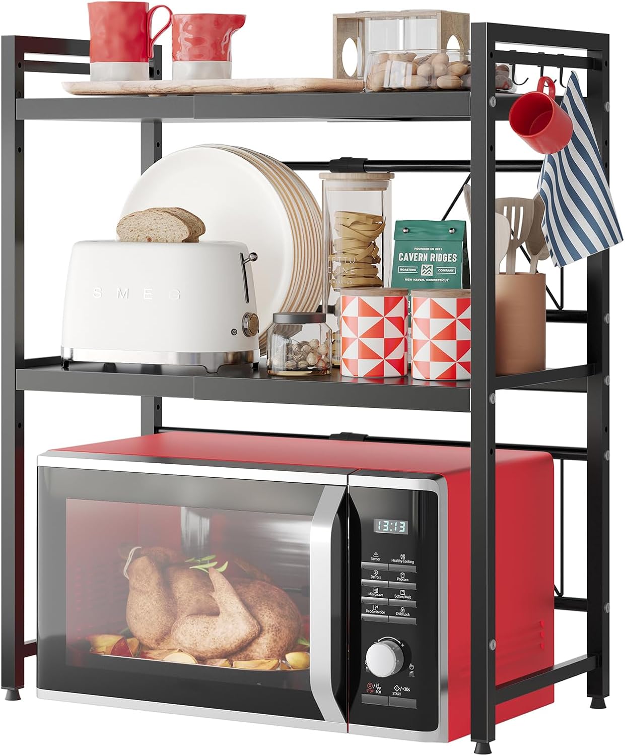 NETEL 3-Tier Microwave Stand with 8 Hooks - 110lbs Capacity