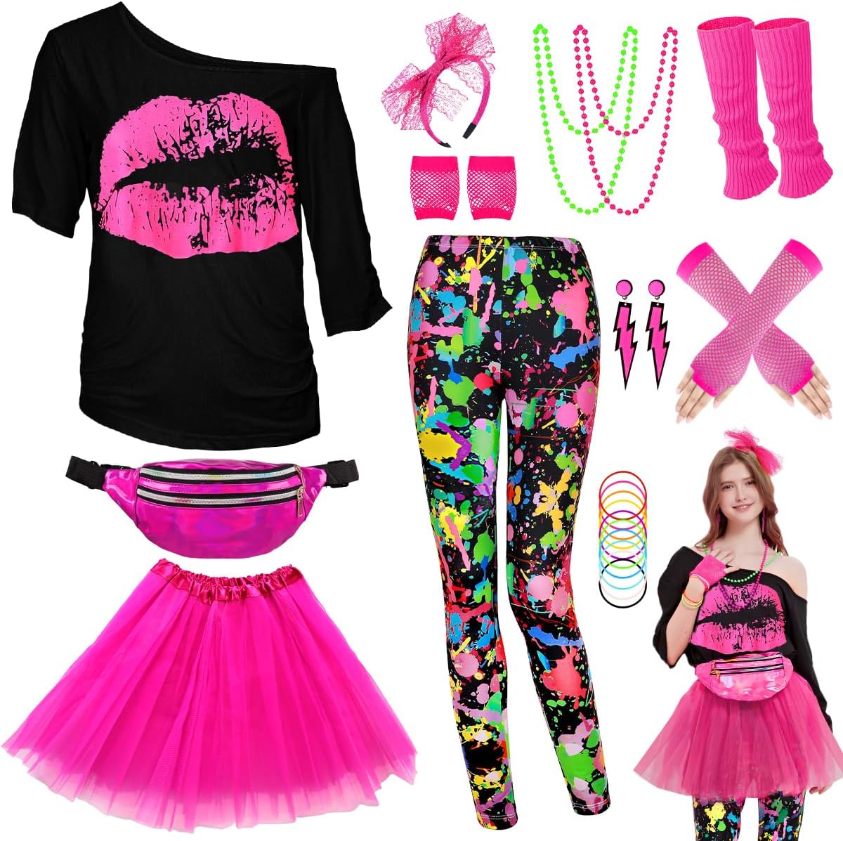 WlLDPARTY 80s Outfit Women Costume Accessories Set for Fun
