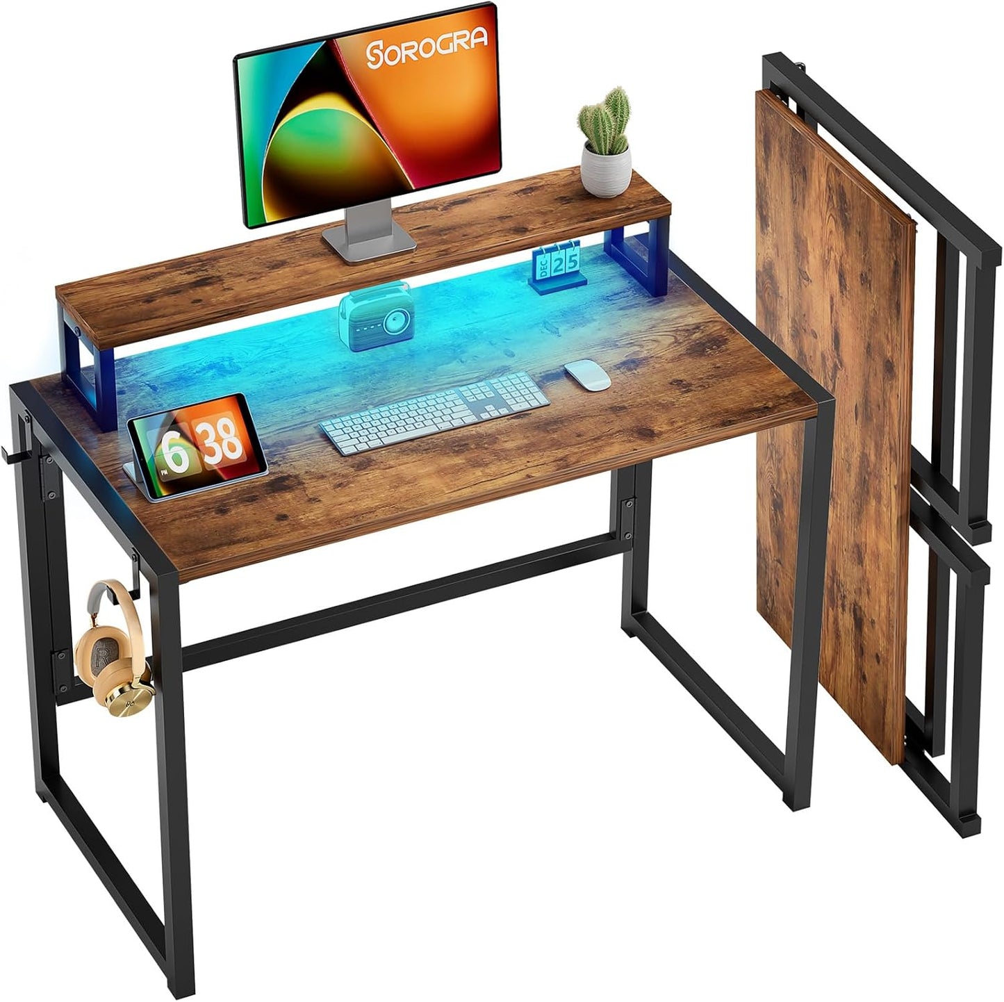 Small Folding Desk with LED Lights for Home Office Setup