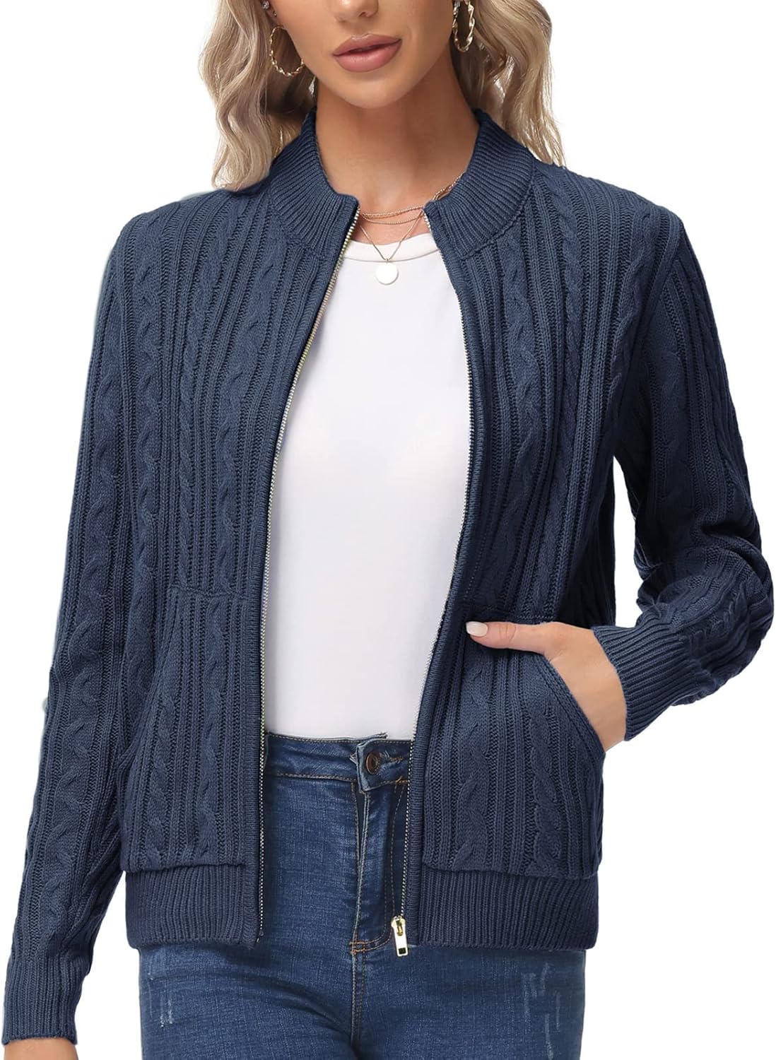KANCY KOLE Women's Zip Up Cable Knit Sweater Cardigan with Pockets