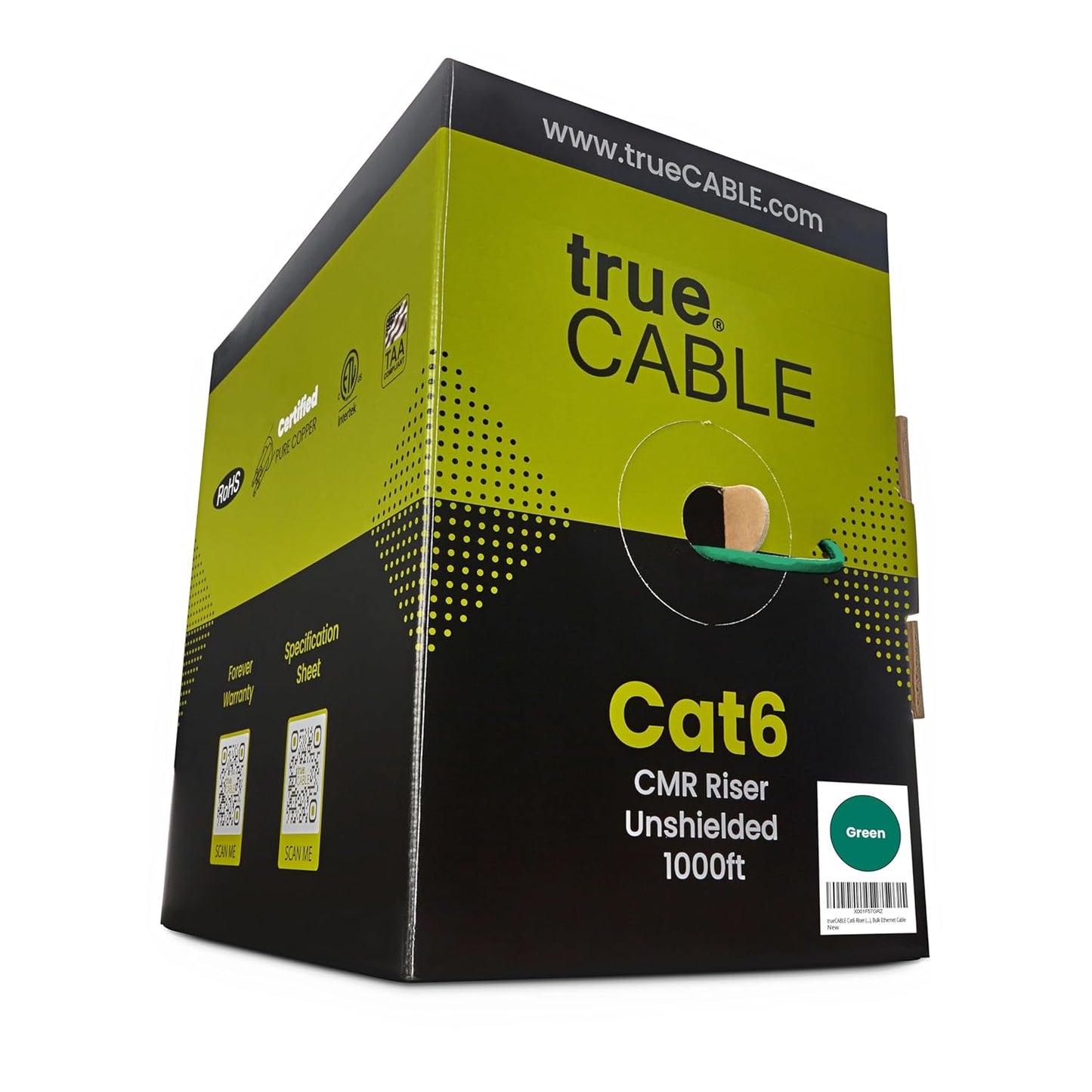 trueCABLE Cat6 Riser 1000ft Green 23AWG Solid Copper Cable