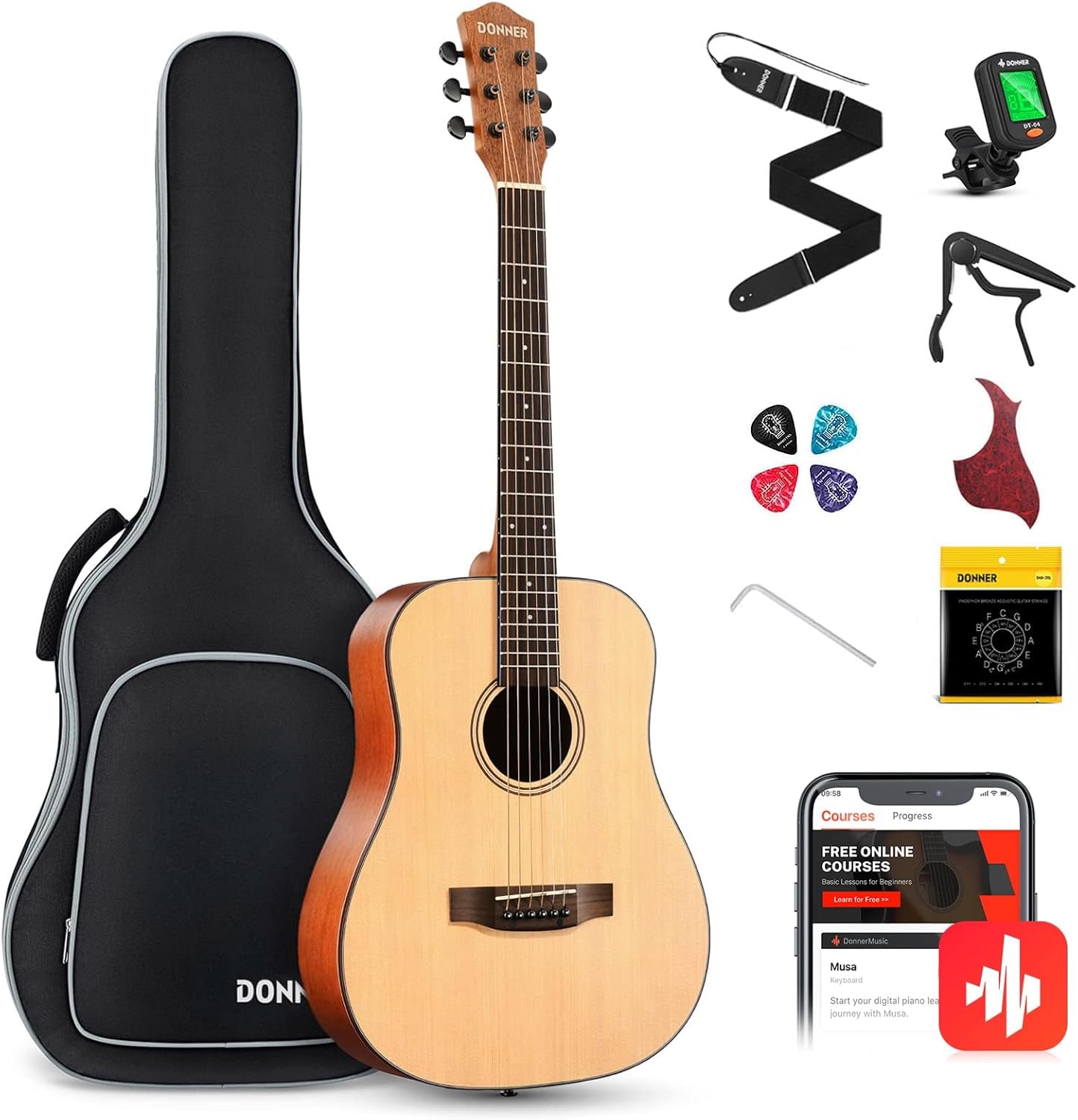 Donner 3/4 Acoustic Guitar Bundle - Perfect for Travel!