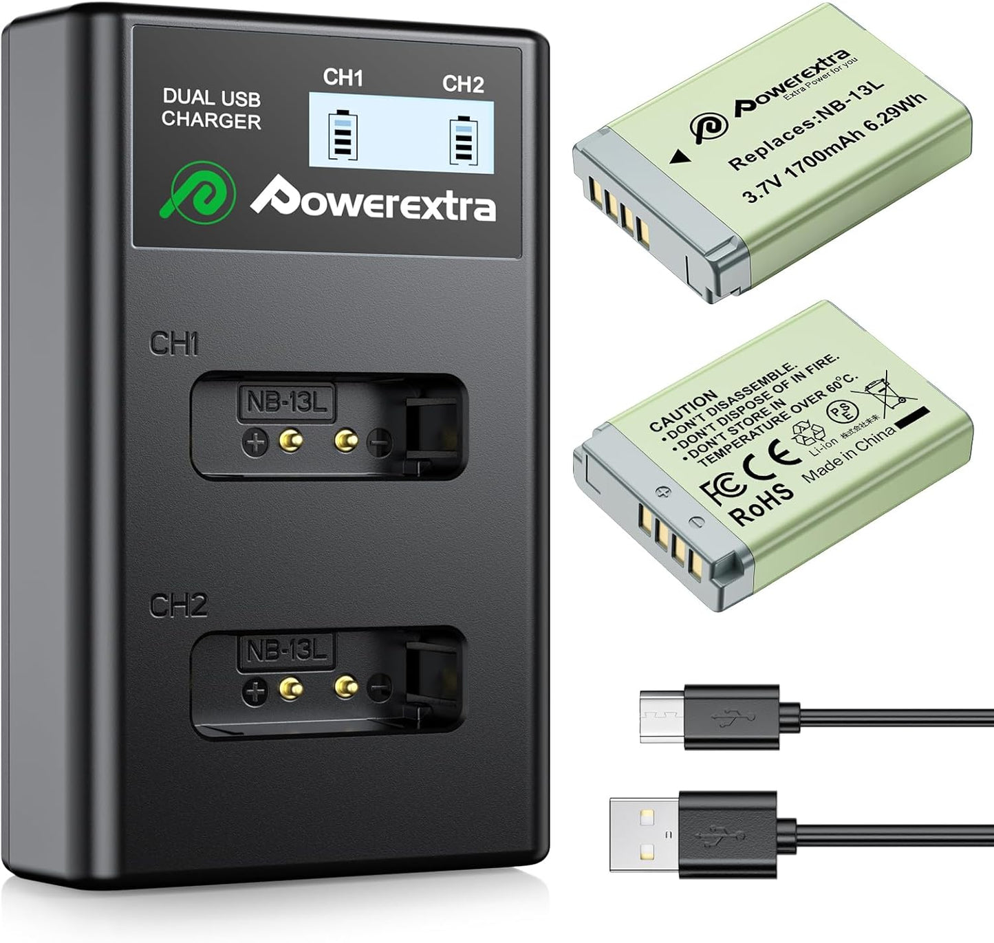 Powerextra NB-13L Battery and Charger for Canon Cameras