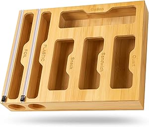 Bamboo Ziplock Bag Storage Organizer - 6 in 1 Kitchen Wrap Dispenser