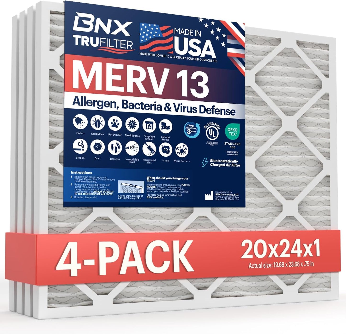 BNX TruFilter 20x24x1 MERV 13 Air Filter for Allergies & More
